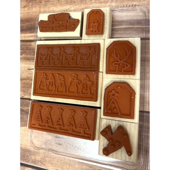 2006 STAMPIN' UP! FESTIVE FAVORITES WOOD MOUNTED RUBBER STAMP SET OF 8 HOLIDAY - Picture 5 of 5